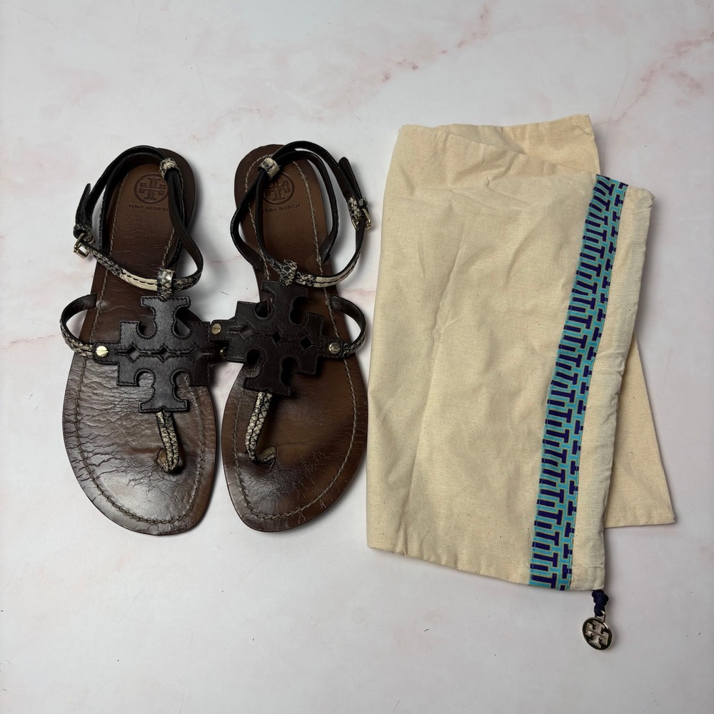 Tory Burch Miller Dark Brown Leather Snakeskin Ankle Strap Thong Sandals Size 11